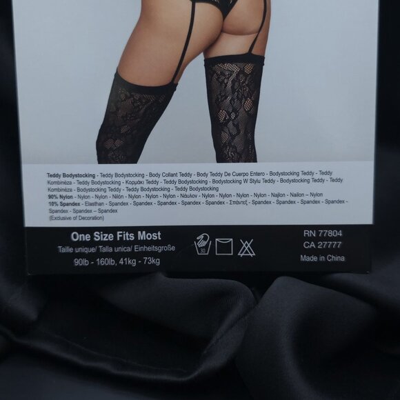 Dreamgirl Lace Teddy Bodystocking w/ Halter, Stockings, Thong Back OS Black - Picture 6 of 9